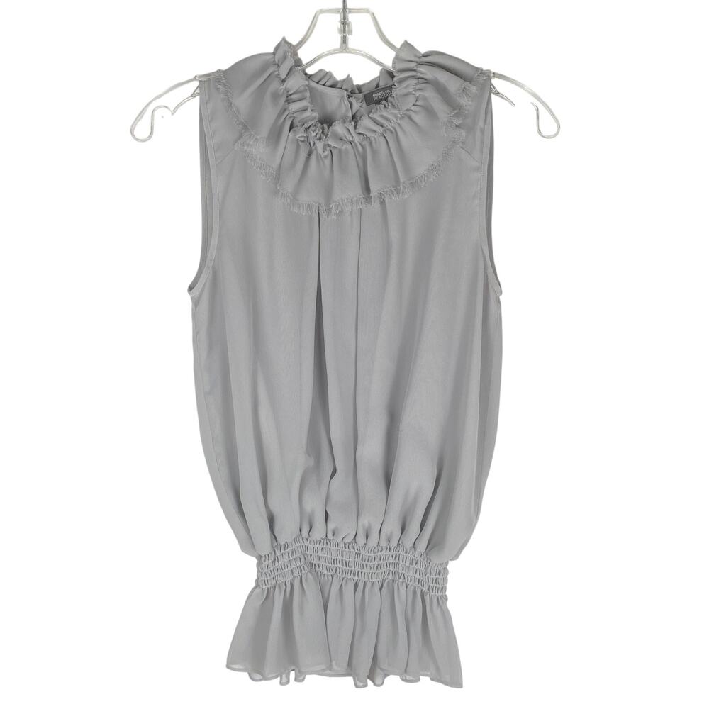 Kenneth Cole Reaction Ruffle Neck Smocked Waist Blouse Womens 4 Gray Romantic